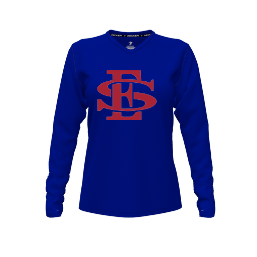 [CUS-DFW-TEES-CMF-VNK-LSL-RYL-FYXS-LOGO2] Decker Comfort T-Shirt (Female Youth XS, Royal, V Neck, Logo 2, Long Sleeve)