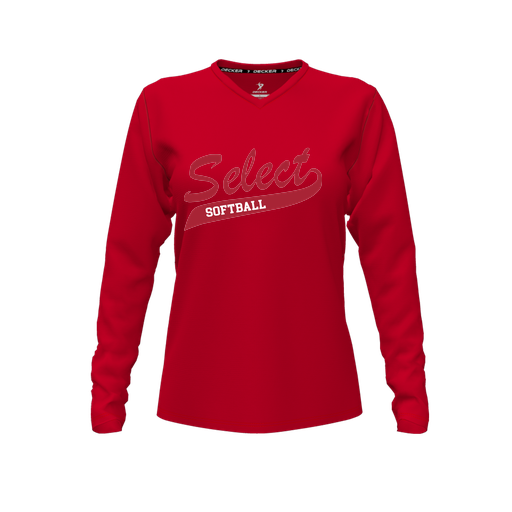 [CUS-DFW-TEES-CMF-VNK-LSL-RED-FYXS-LOGO1] Decker Comfort T-Shirt (Female Youth XS, Red, V Neck, Logo 1, Long Sleeve)