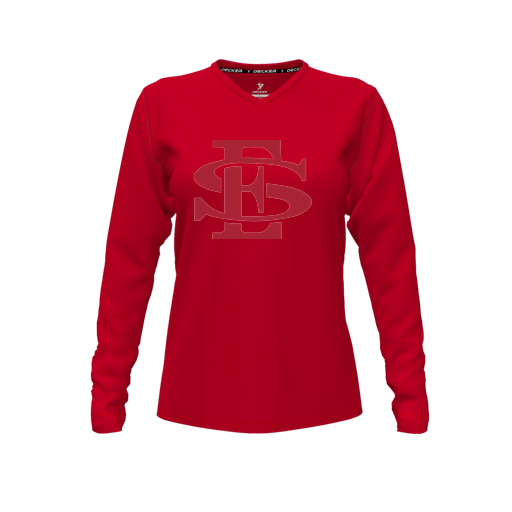 [FTLVCFRD-FYXS-LOGO2] Decker Comfort T-Shirt (Female Youth XS, Red, V Neck, Logo 2, Long Sleeve)
